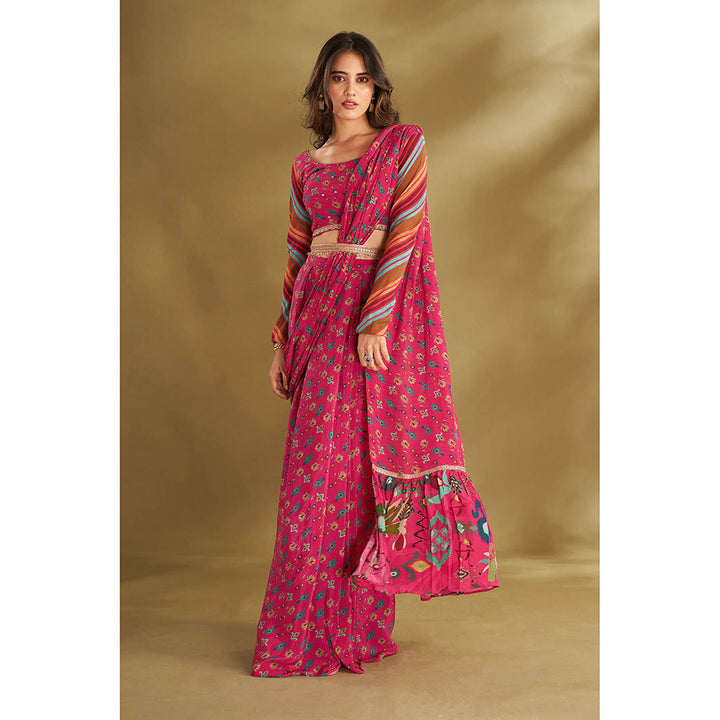 AFFROZ Pink Printed Pre-Drape Saree With Stitched Blouse And Belt with Stitched