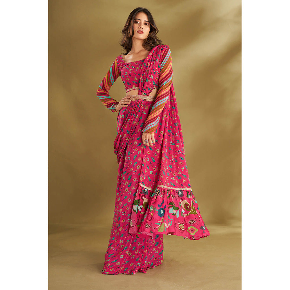 AFFROZ Pink Printed Pre-Drape Saree With Stitched Blouse And Belt with Stitched