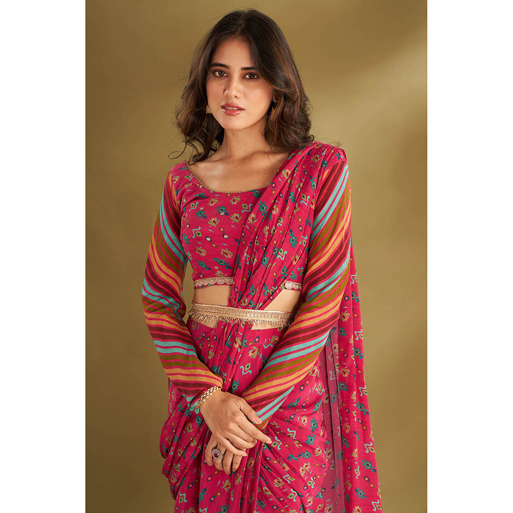 AFFROZ Pink Printed Pre-Drape Saree With Stitched Blouse And Belt with Stitched