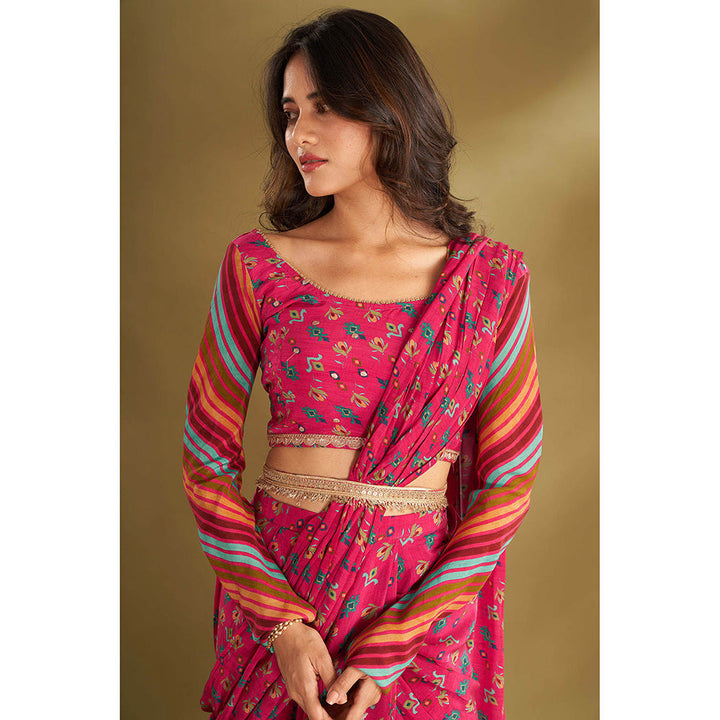 AFFROZ Pink Printed Pre-Drape Saree With Stitched Blouse And Belt with Stitched