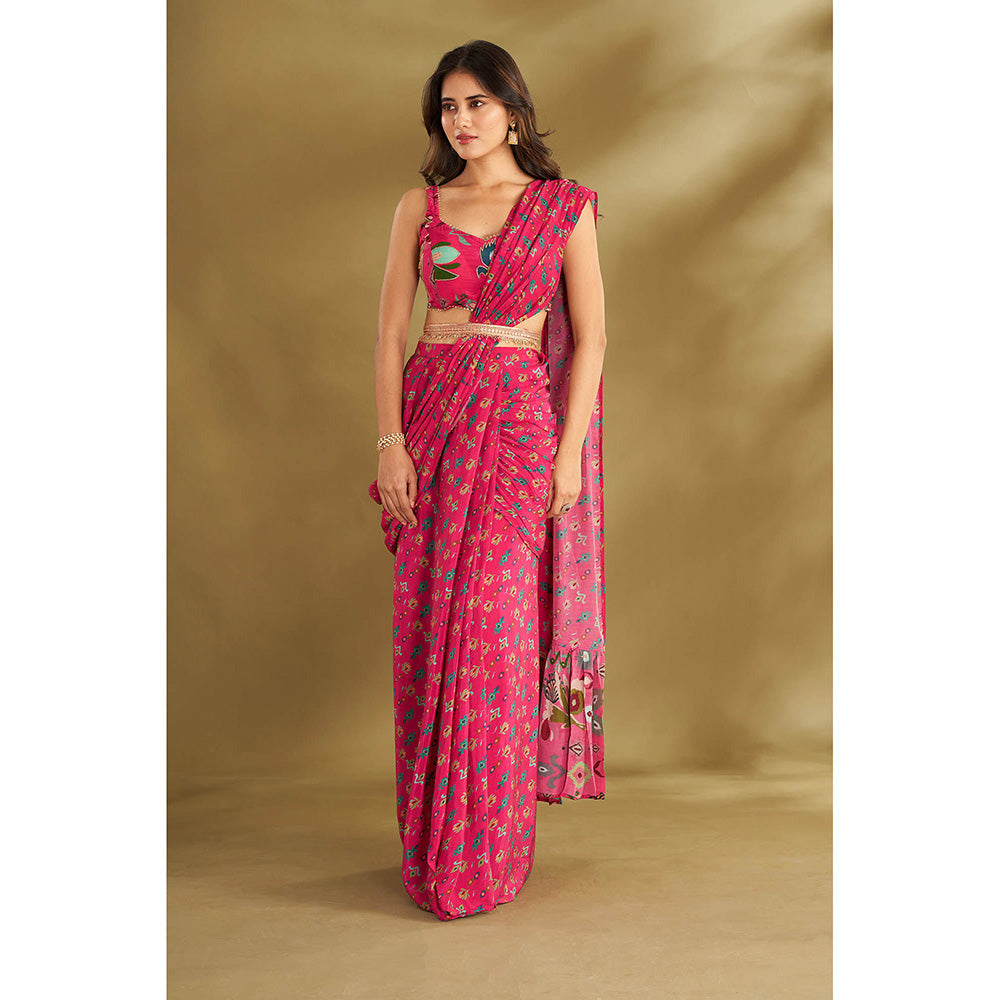 AFFROZ Pink Printed Pre-Drape Saree With Stitched Blouse And Belt with Stitched