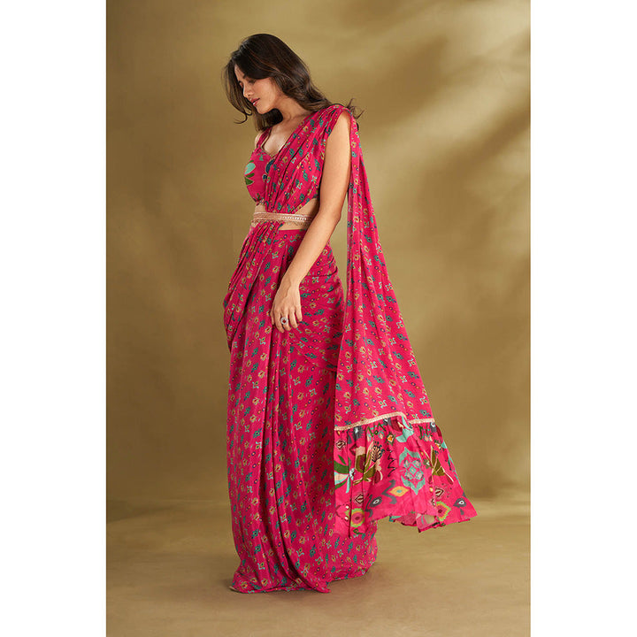 AFFROZ Pink Printed Pre-Drape Saree With Stitched Blouse And Belt with Stitched