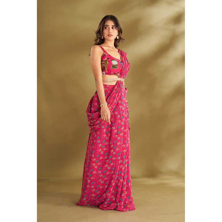 AFFROZ Pink Printed Pre-Drape Saree With Stitched Blouse And Belt with Stitched