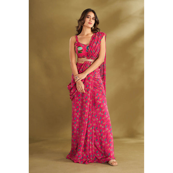 AFFROZ Pink Printed Pre-Drape Saree With Stitched Blouse And Belt with Stitched