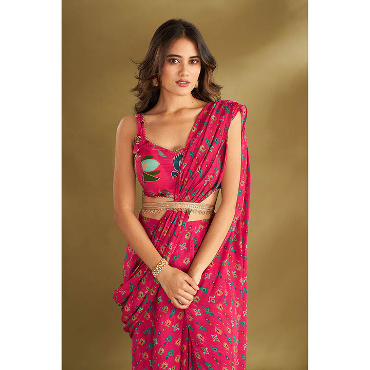 AFFROZ Pink Printed Pre-Drape Saree With Stitched Blouse And Belt with Stitched