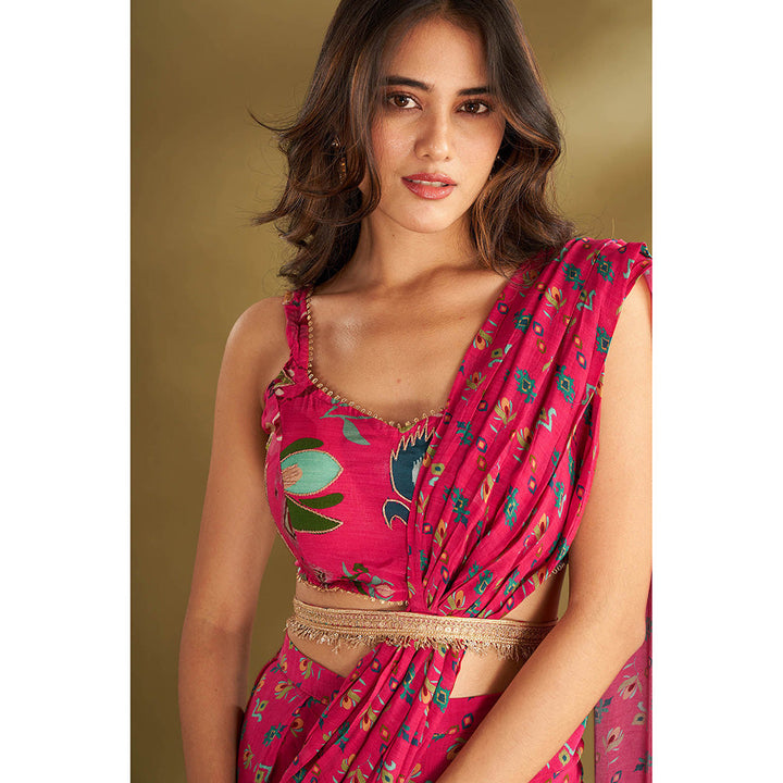 AFFROZ Pink Printed Pre-Drape Saree With Stitched Blouse And Belt with Stitched