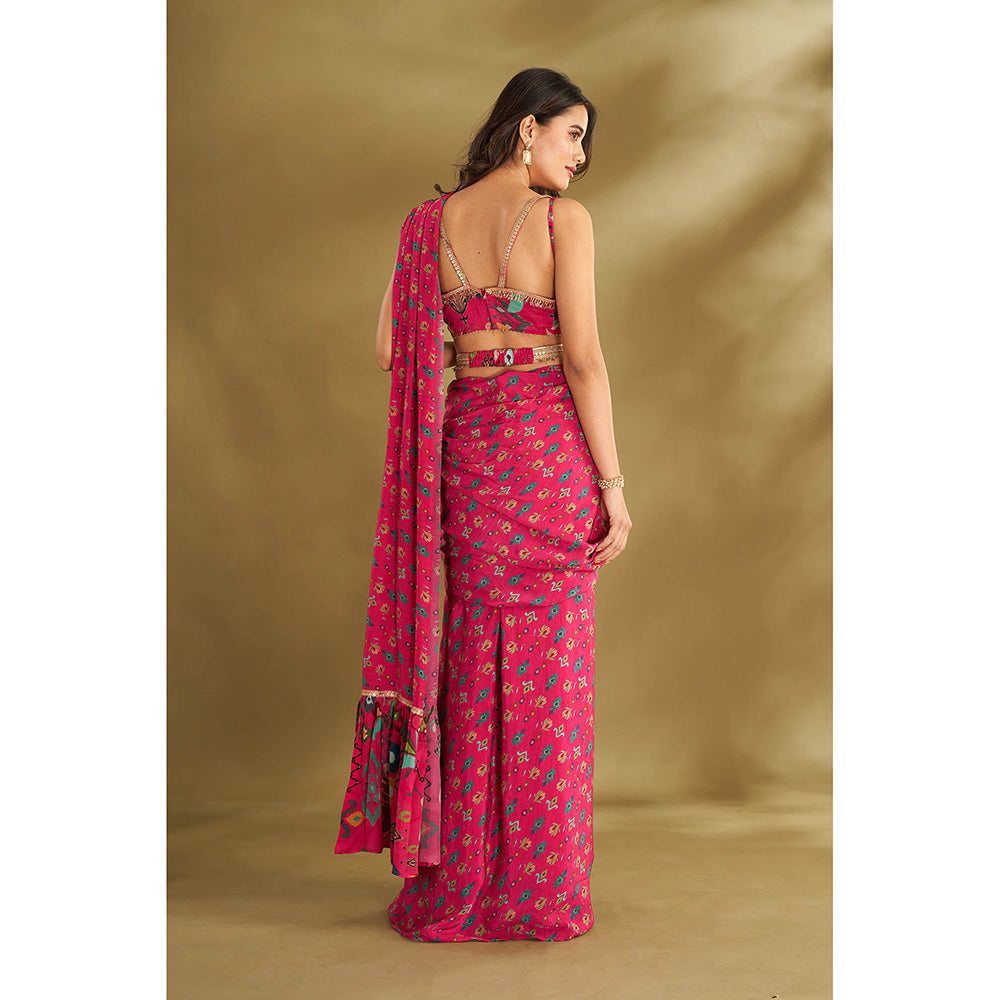 AFFROZ Pink Printed Pre-Drape Saree With Stitched Blouse And Belt with Stitched