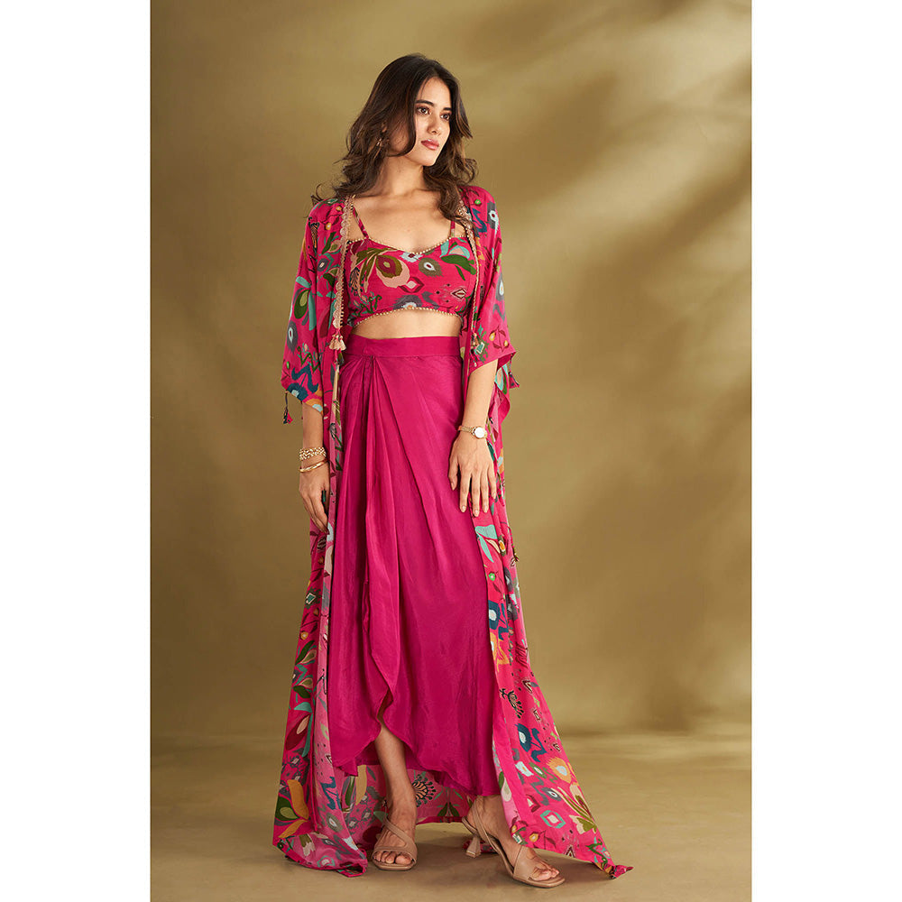 AFFROZ Pink Drape Skirt With Blouse And Jacket (Set of 3)
