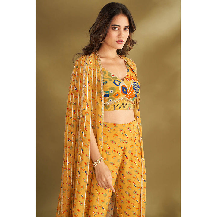 AFFROZ Yellow Printed Blouse With Pant And Jacket (Set of 3)