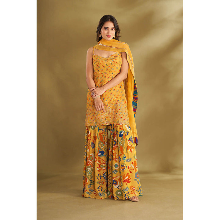 AFFROZ Yellow Printed Kurta With Sharara And Dupatta (Set of 3)