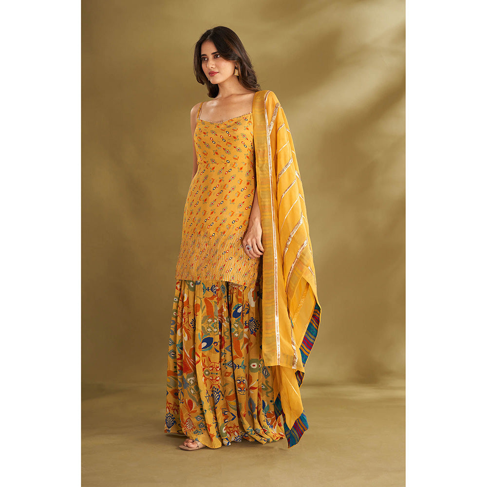 AFFROZ Yellow Printed Kurta With Sharara And Dupatta (Set of 3)