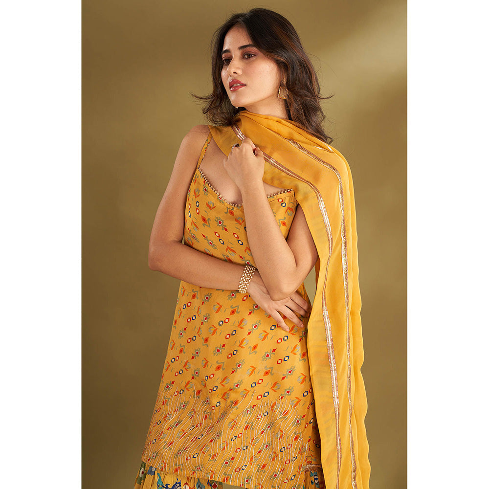 AFFROZ Yellow Printed Kurta With Sharara And Dupatta (Set of 3)