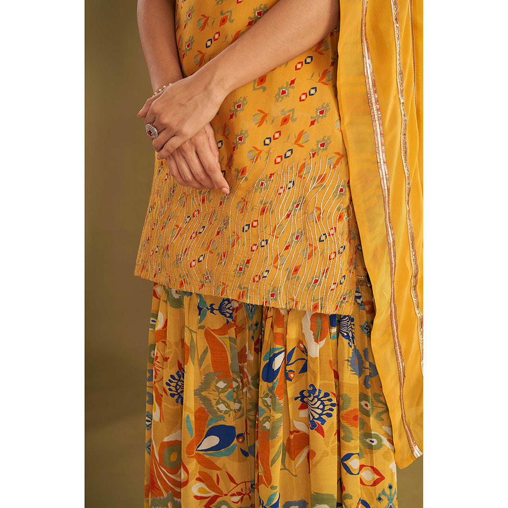 AFFROZ Yellow Printed Kurta With Sharara And Dupatta (Set of 3)