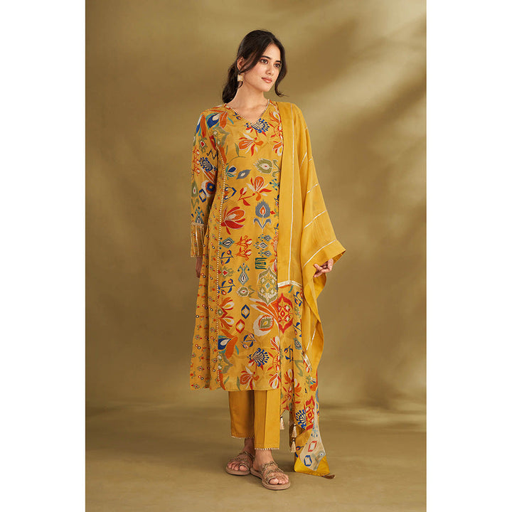 AFFROZ Yellow A-Line Kurta With Pant And Dupatta (Set of 3)