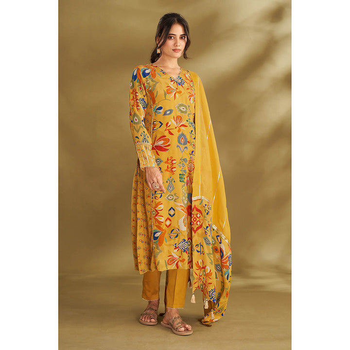 AFFROZ Yellow A-Line Kurta With Pant And Dupatta (Set of 3)