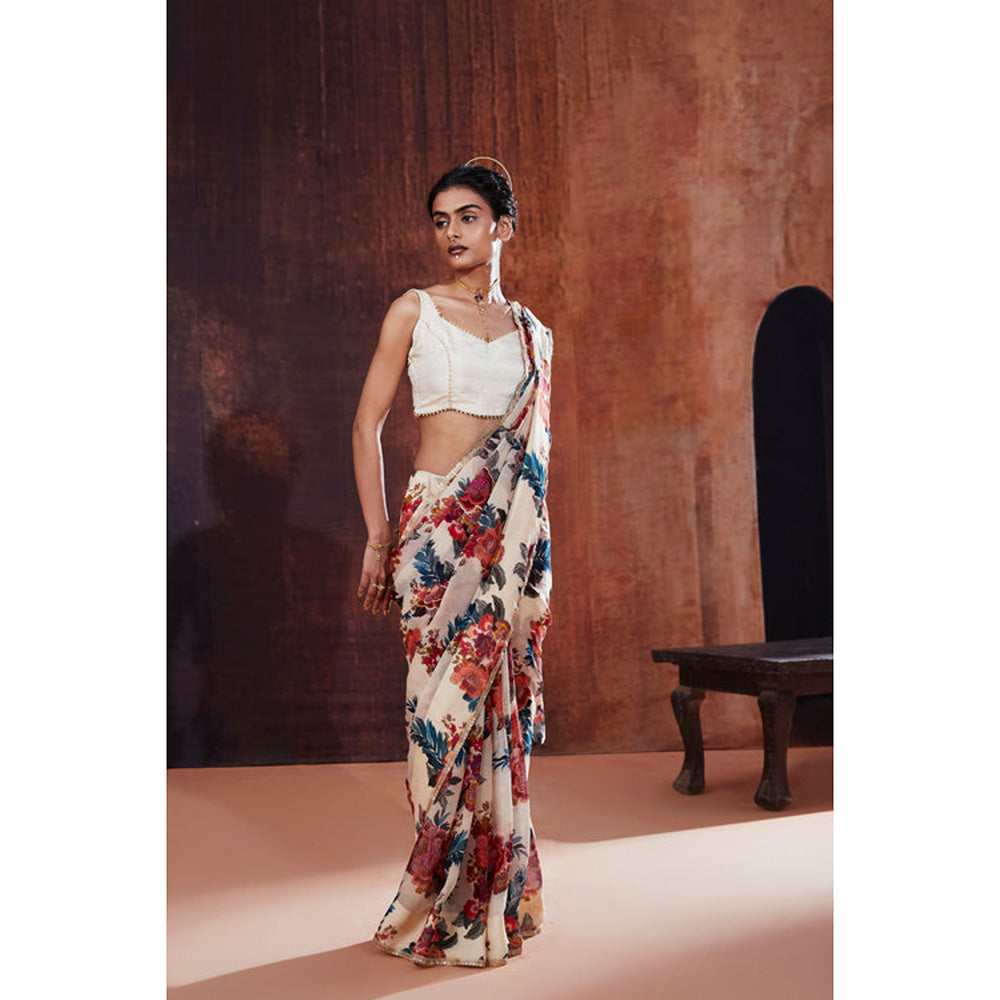 AFFROZ Ivory Floral Printed Organza Saree with Stitched Blouse