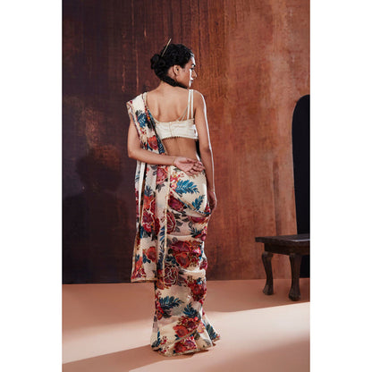 AFFROZ Ivory Floral Printed Organza Saree with Stitched Blouse