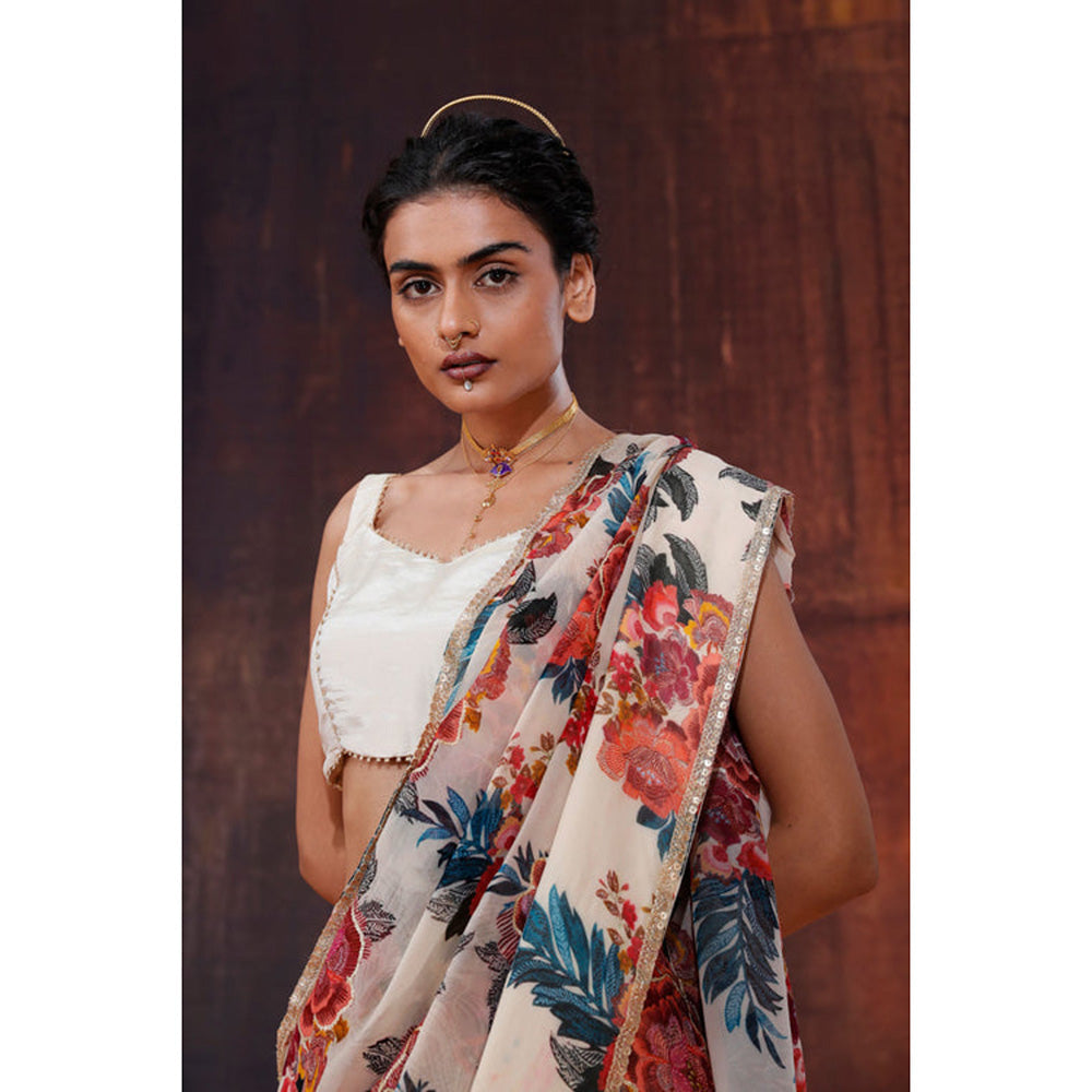 AFFROZ Ivory Floral Printed Organza Saree with Stitched Blouse