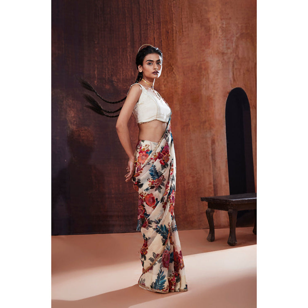AFFROZ Ivory Floral Printed Organza Saree with Stitched Blouse
