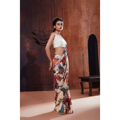 AFFROZ Ivory Floral Printed Organza Saree with Stitched Blouse