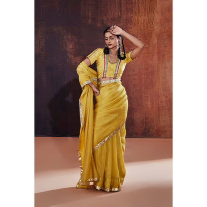 AFFROZ Yellow Tissue Saree with Stitched Blouse