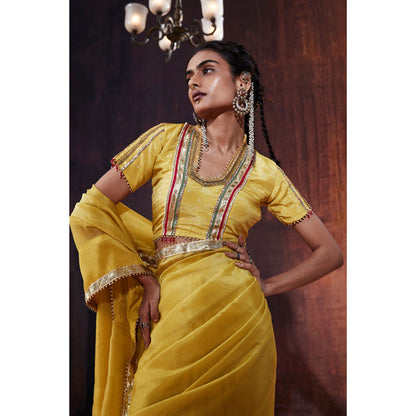 AFFROZ Yellow Tissue Saree with Stitched Blouse