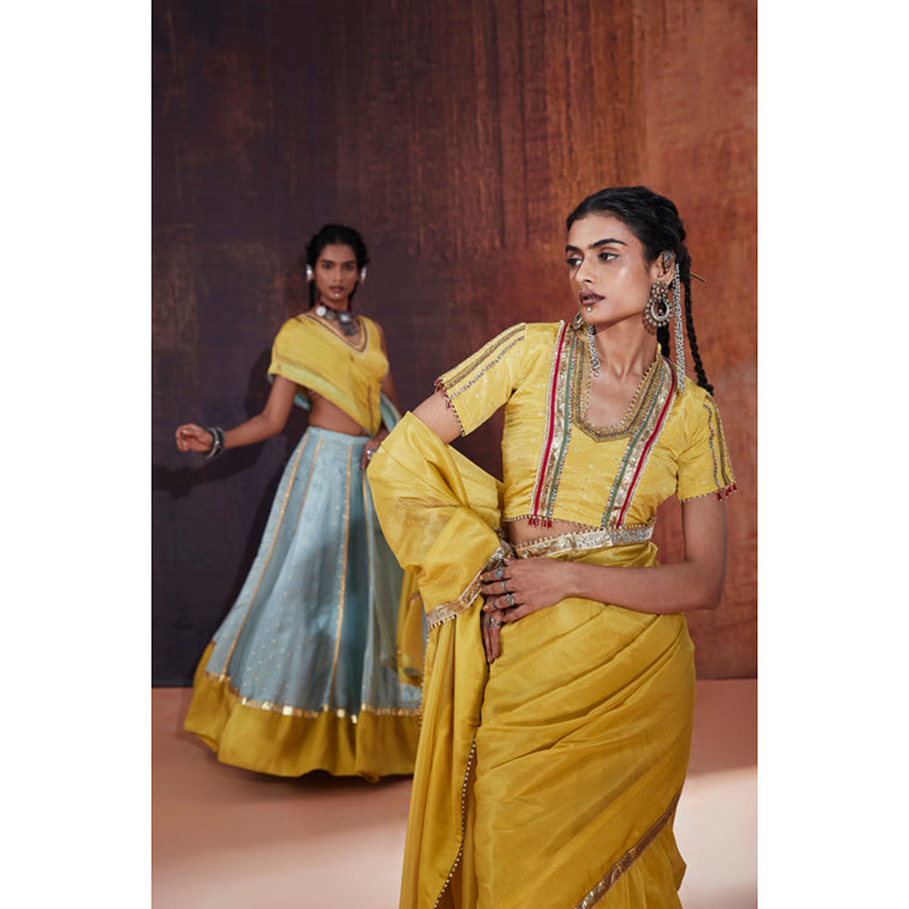 AFFROZ Yellow Tissue Saree with Stitched Blouse
