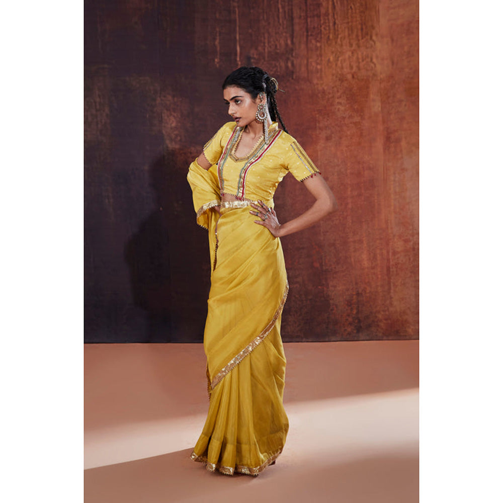 AFFROZ Yellow Tissue Saree with Stitched Blouse