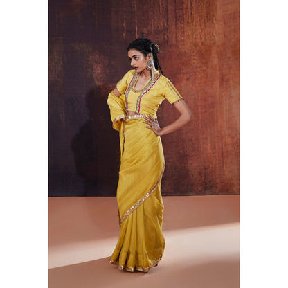 AFFROZ Yellow Tissue Saree with Stitched Blouse