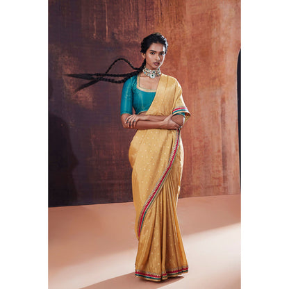 AFFROZ Gold Tissue Jacquard Saree with Stitched Blouse