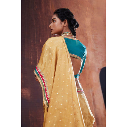 AFFROZ Gold Tissue Jacquard Saree with Stitched Blouse
