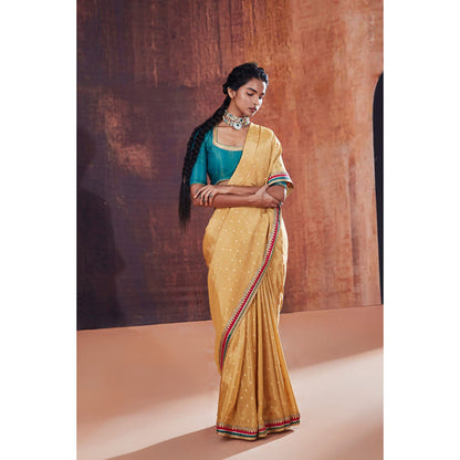 AFFROZ Gold Tissue Jacquard Saree with Stitched Blouse