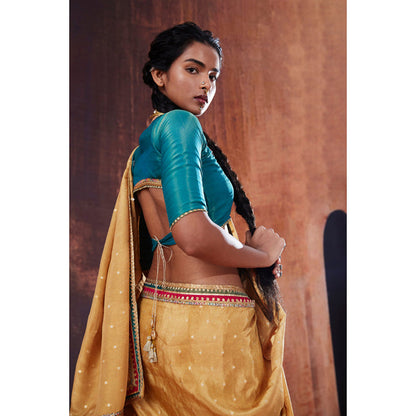 AFFROZ Gold Tissue Jacquard Saree with Stitched Blouse