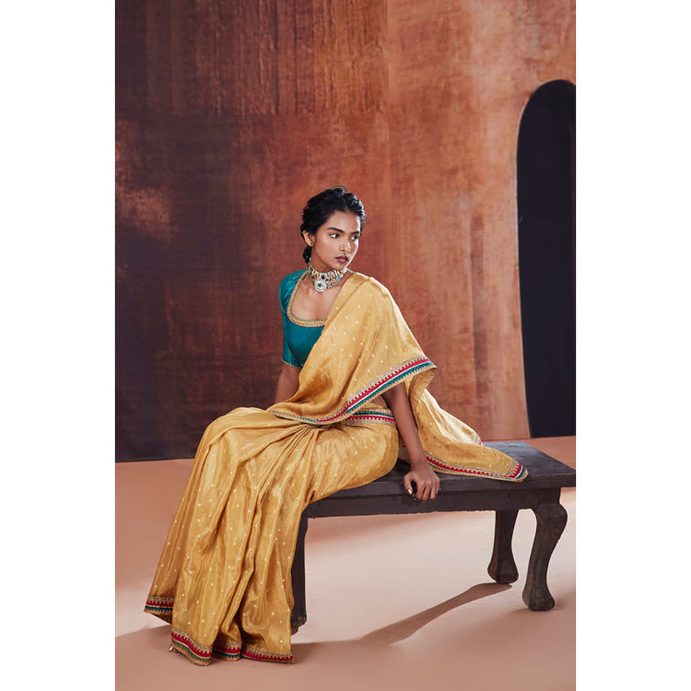 AFFROZ Gold Tissue Jacquard Saree with Stitched Blouse