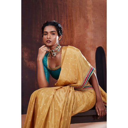 AFFROZ Gold Tissue Jacquard Saree with Stitched Blouse