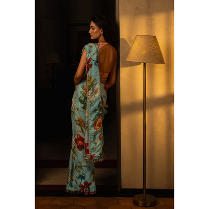 AFFROZ Powder Blue Floral Print Pre Drape Saree with Stitched Blouse