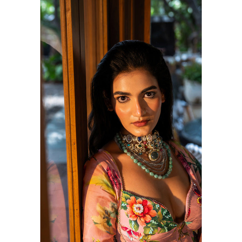 AFFROZ Dusty Rose Ruffle Saree with Stitched Blouse