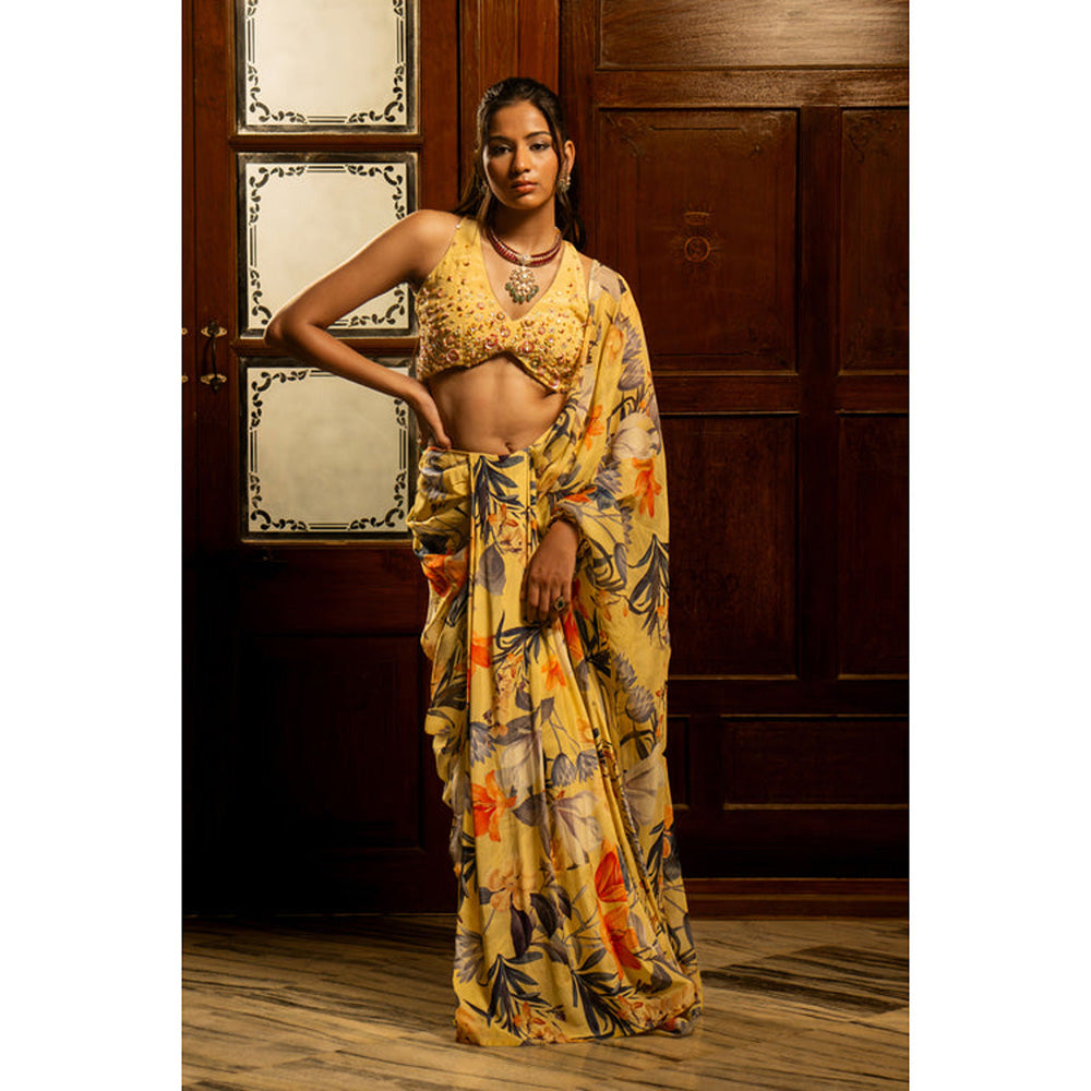 AFFROZ Misted Yellow Pre-draped Saree with Stitched Blouse