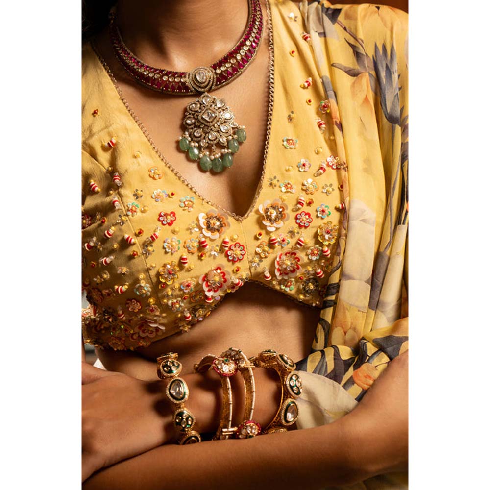 AFFROZ Misted Yellow Pre-draped Saree with Stitched Blouse