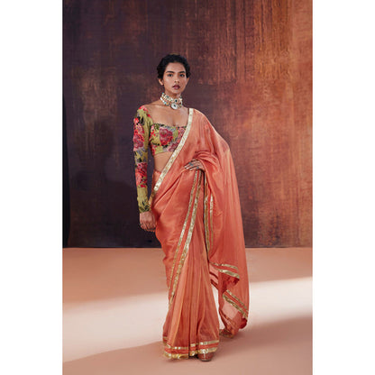 AFFROZ Peach Tissue Silk Saree with Stitched Blouse