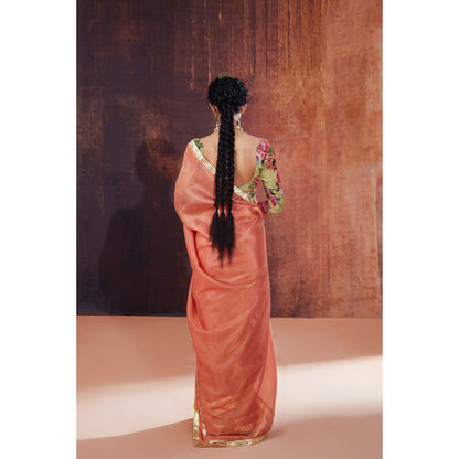AFFROZ Peach Tissue Silk Saree with Stitched Blouse