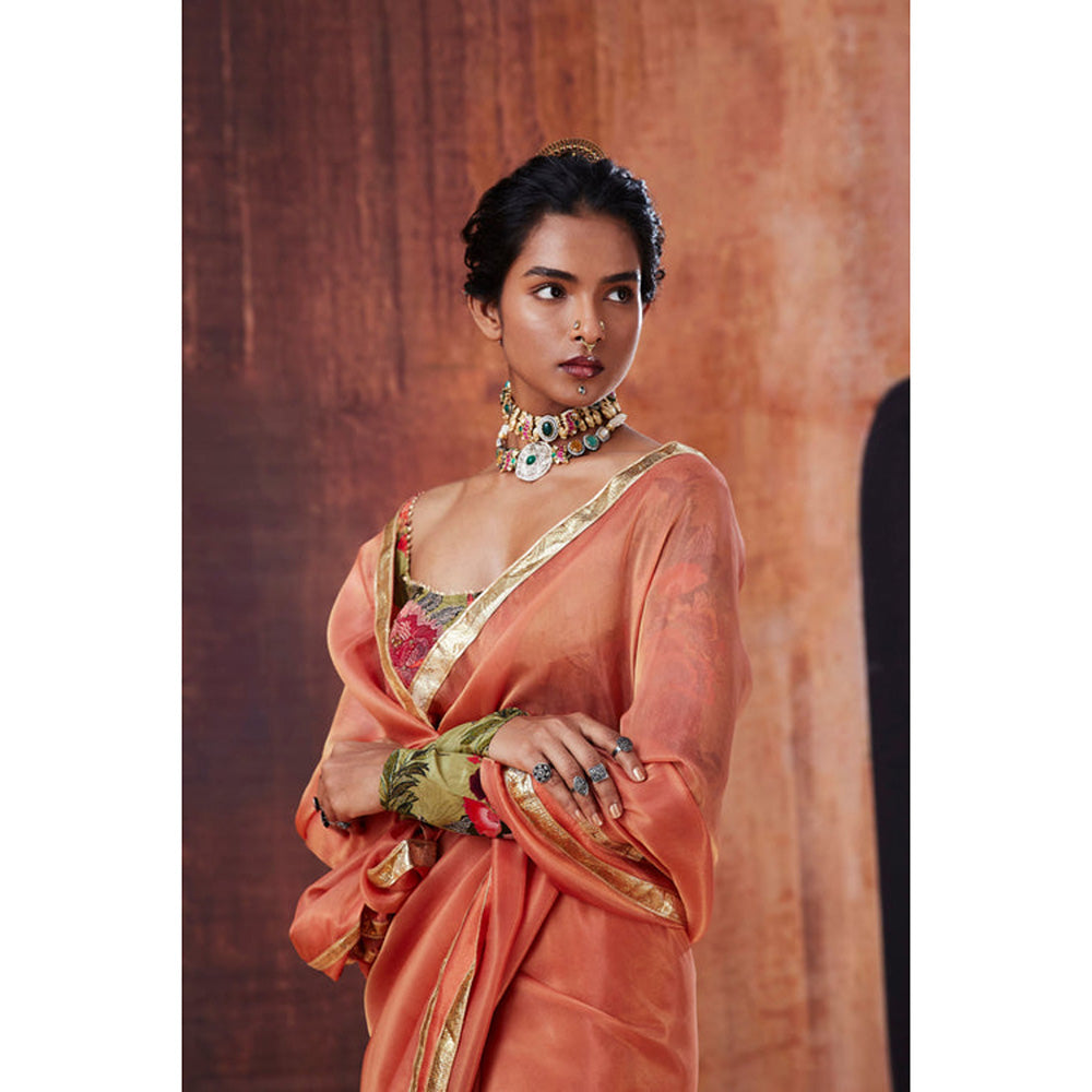 AFFROZ Peach Tissue Silk Saree with Stitched Blouse