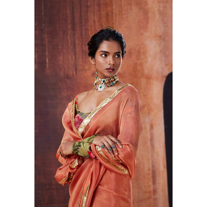 AFFROZ Peach Tissue Silk Saree with Stitched Blouse