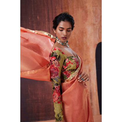 AFFROZ Peach Tissue Silk Saree with Stitched Blouse