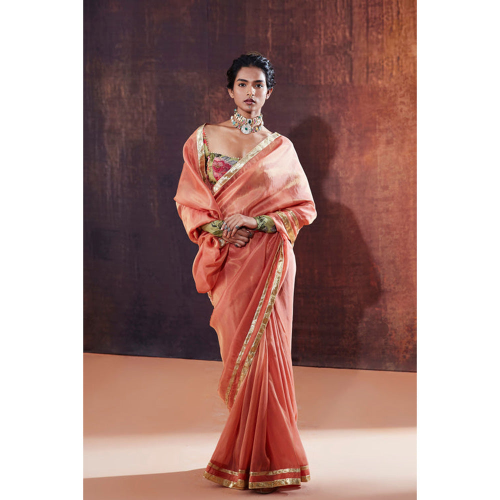 AFFROZ Peach Tissue Silk Saree with Stitched Blouse