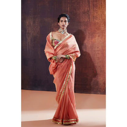 AFFROZ Peach Tissue Silk Saree with Stitched Blouse