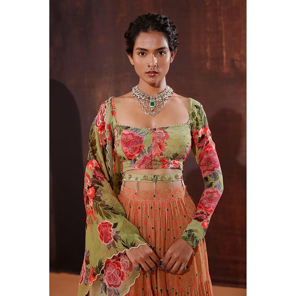 AFFROZ Moss Green Floral Printed Lehenga Set