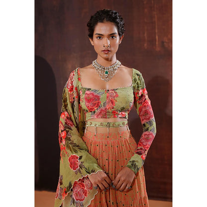AFFROZ Moss Green Floral Printed Lehenga Set