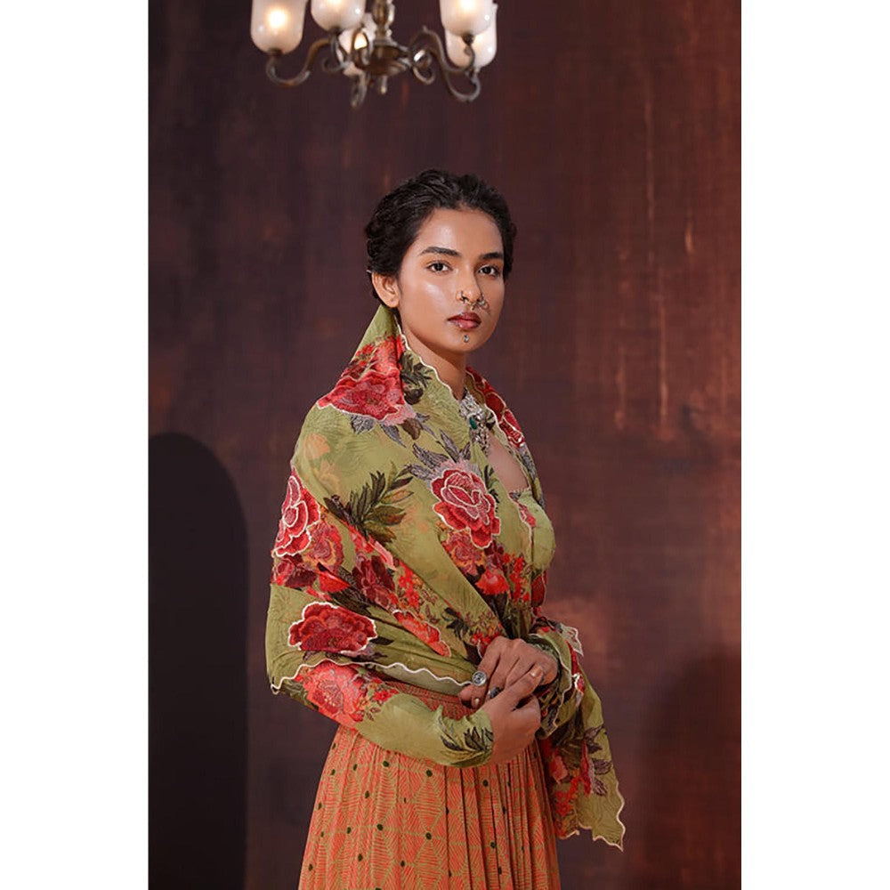 AFFROZ Moss Green Floral Printed Lehenga Set