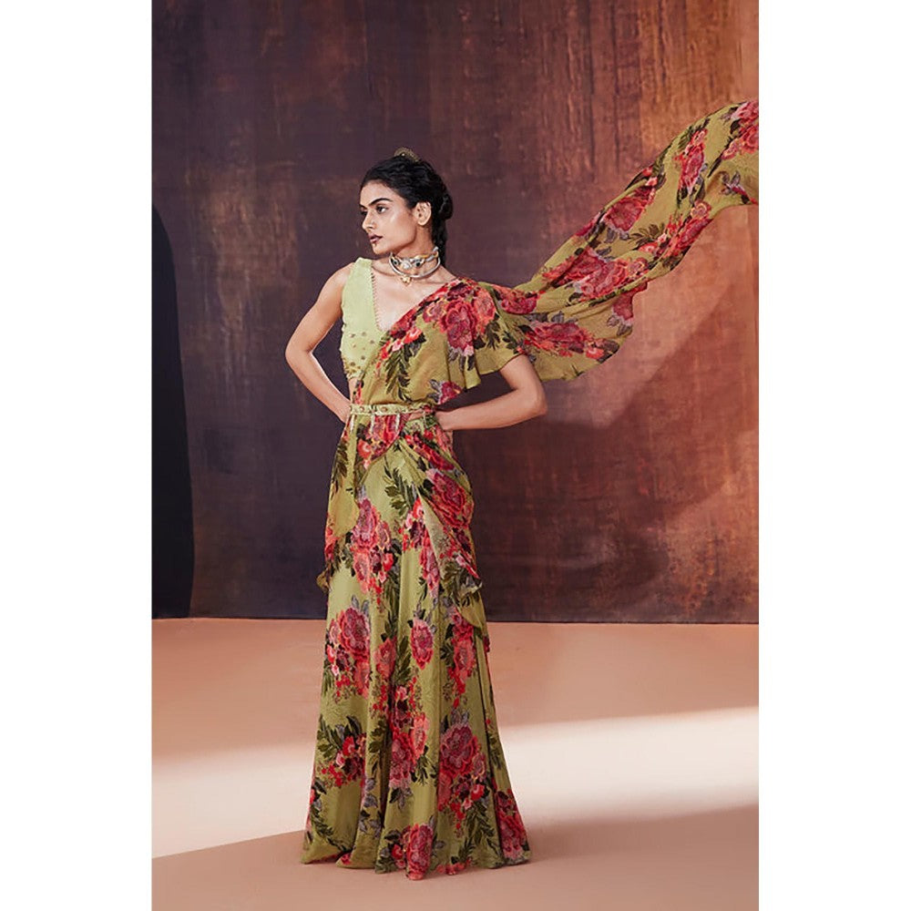 AFFROZ Moss Green Floral Printed Ruffled Saree
